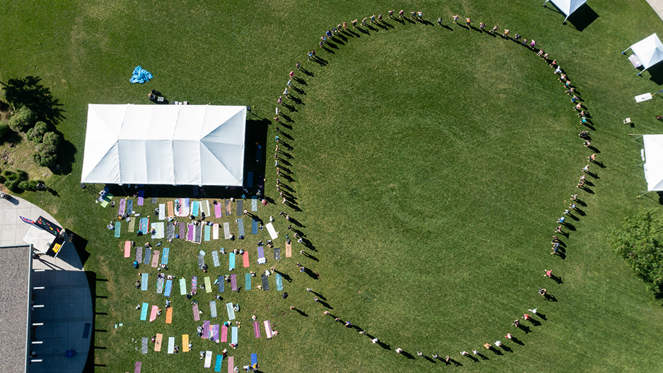 Drone view of the Bend Yoga Festival in Bend, OR